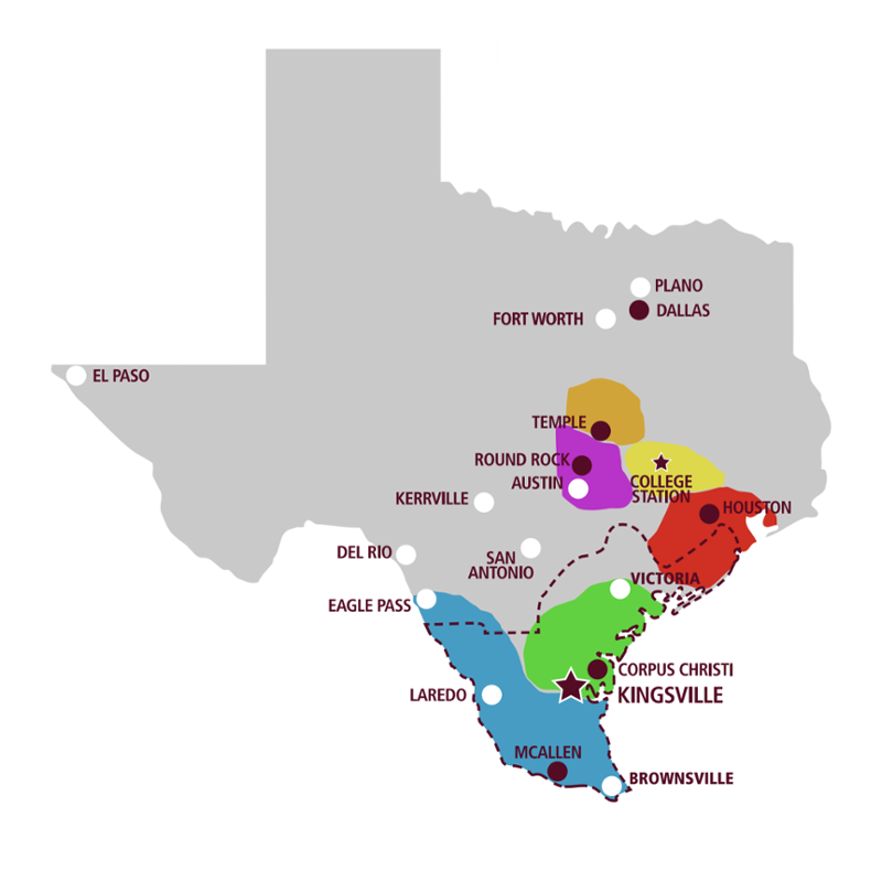 Map of Texas showing College of Pharmacy campus locations and preceptor network