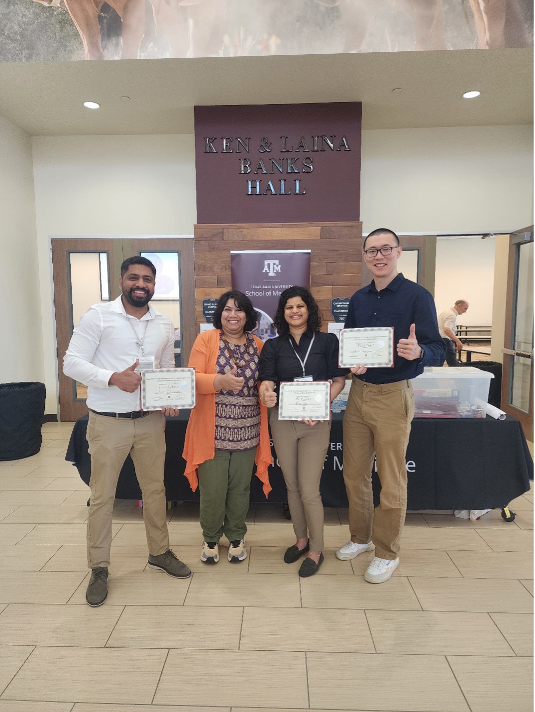 Dr. Mahua Choudhury with Postdoc Winners Dr. Sunil Venkategowda, Dr. Nitya Shree, and Dr. Zehuan Ding at 2024 Texas A&M University, School of Medicine 29th Annual GSO Research Symposium